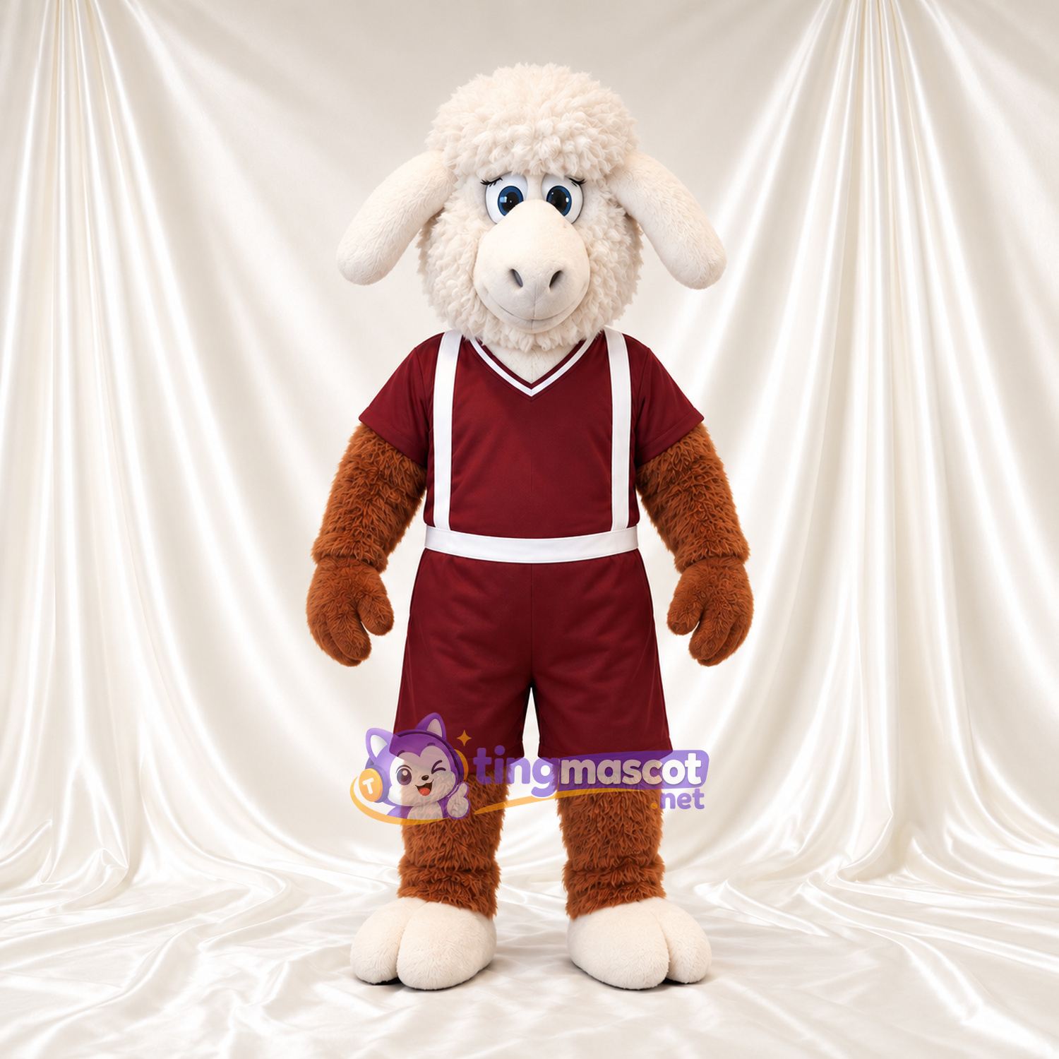 Brown and White Sheep Mascot Costume - Burgundy Sports Uniform Brown and White Sheep Mascot Costume - Burgundy Sports Uniform