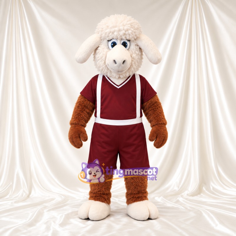 Brown and White Sheep Mascot Costume - Burgundy Sports Uniform Brown and White Sheep Mascot Costume - Burgundy Sports Uniform