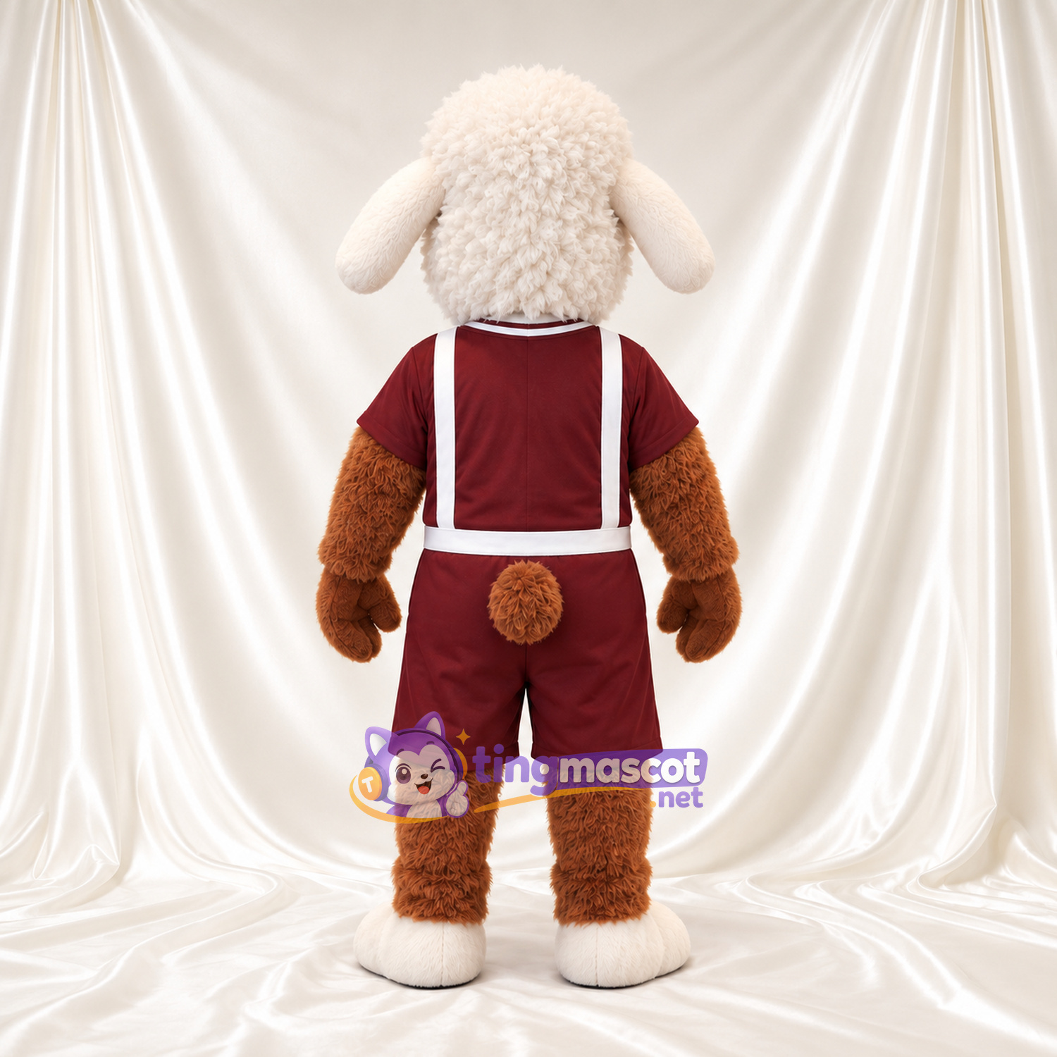 Brown and White Sheep Mascot Costume - Burgundy Sports Uniform Brown and White Sheep Mascot Costume - Burgundy Sports Uniform