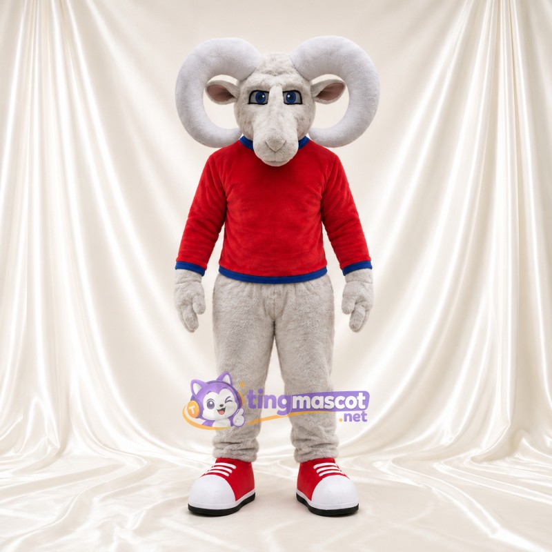 Costume de mascotte Bélier – gris – Pull (rouge); Pantalon (beige) Costume de mascotte Bélier – gris – Pull (rouge); Pantalon (beige)