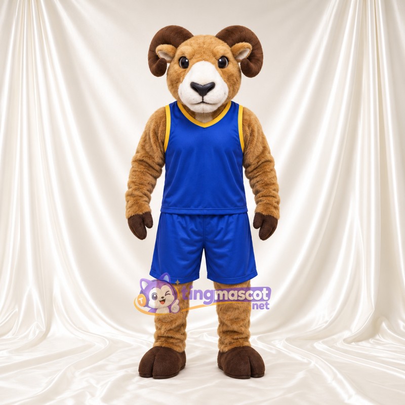 Costume de mascotte Bélier – brun clair – Tenue de basket (bleu) Costume de mascotte Bélier – brun clair – Tenue de basket (bleu)