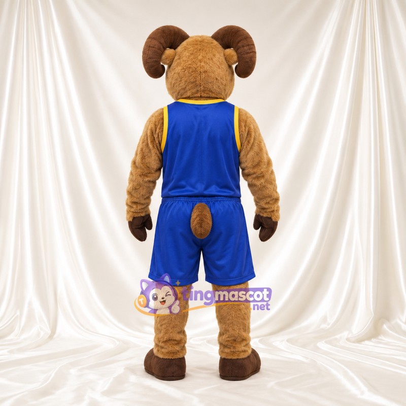 Costume de mascotte Bélier – brun clair – Tenue de basket (bleu) Costume de mascotte Bélier – brun clair – Tenue de basket (bleu)