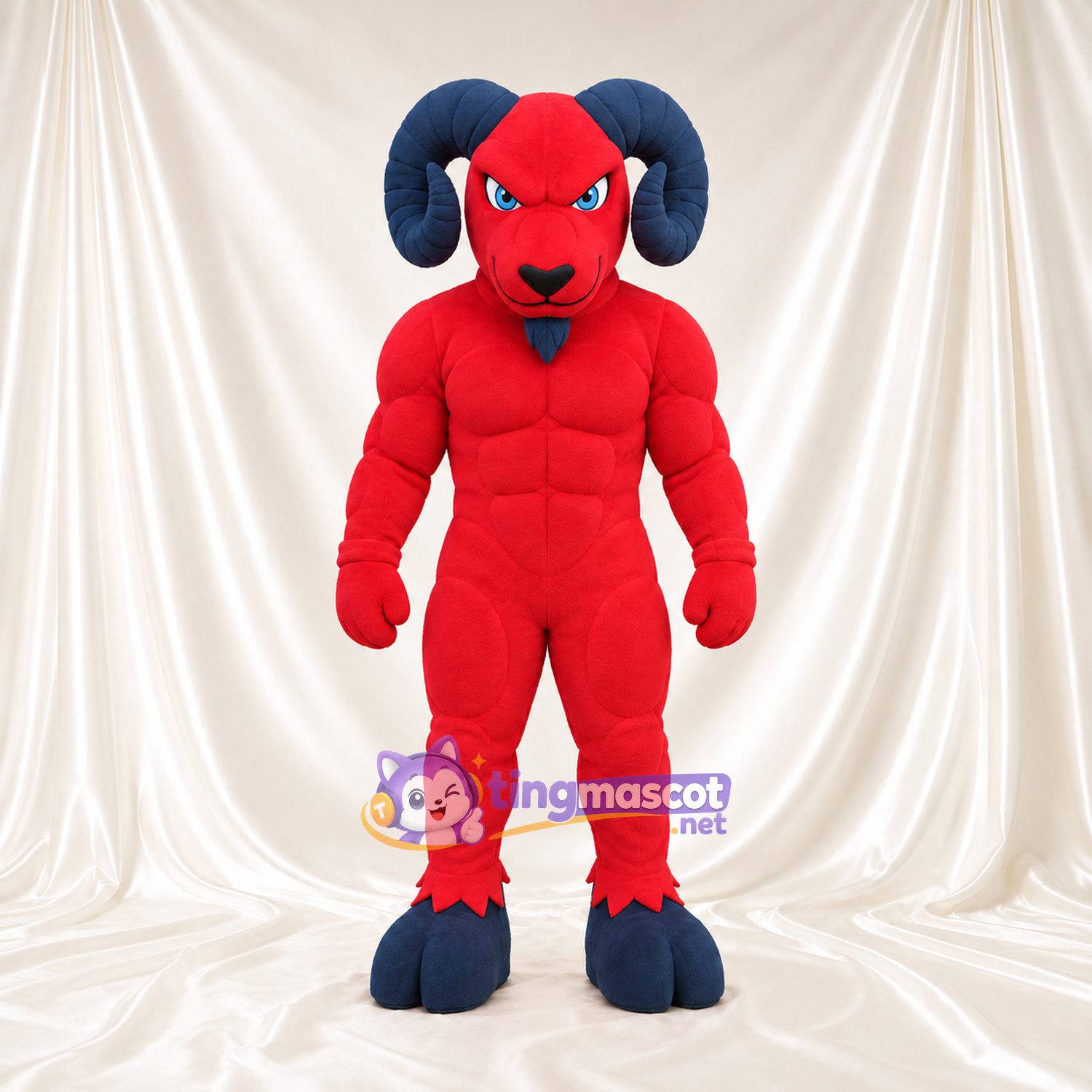 Costume de mascotte Bélier – rouge – Cornes (bleu marine); Sourcils inclinés Costume de mascotte Bélier – rouge – Cornes (bleu marine); Sourcils inclinés