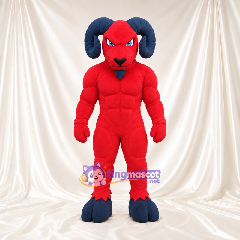 Costume de mascotte Bélier – rouge – Cornes (bleu marine); Sourcils inclinés Costume de mascotte Bélier – rouge – Cornes (bleu marine); Sourcils inclinés