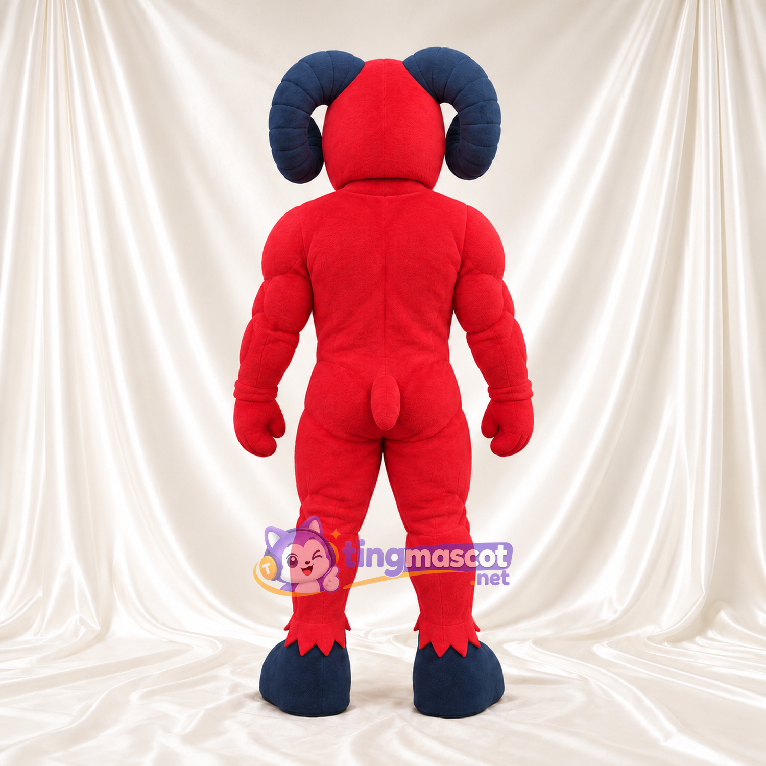 Costume de mascotte Bélier – rouge – Cornes (bleu marine); Sourcils inclinés Costume de mascotte Bélier – rouge – Cornes (bleu marine); Sourcils inclinés