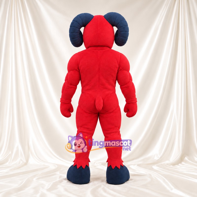 Costume de mascotte Bélier – rouge – Cornes (bleu marine); Sourcils inclinés Costume de mascotte Bélier – rouge – Cornes (bleu marine); Sourcils inclinés