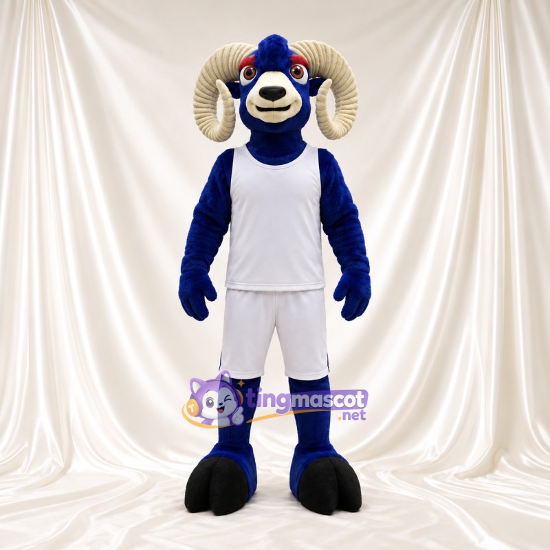 Costume de mascotte Bélier – bleu – Tenue de basket (blanc) Costume de mascotte Bélier – bleu – Tenue de basket (blanc)