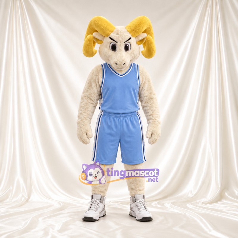 Costume de mascotte Bélier – crème – Tenue de basket (bleu) Costume de mascotte Bélier – crème – Tenue de basket (bleu)