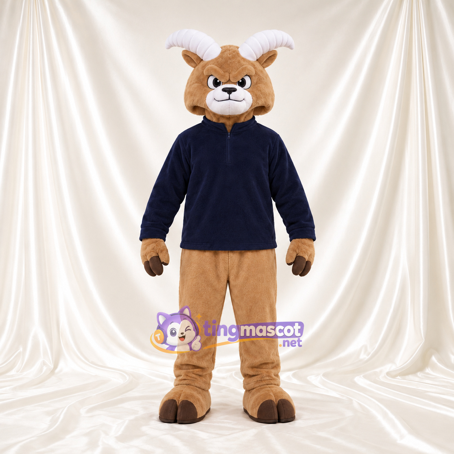 Costume de mascotte Bélier – brun clair – Pull (bleu marine) Costume de mascotte Bélier – brun clair – Pull (bleu marine)