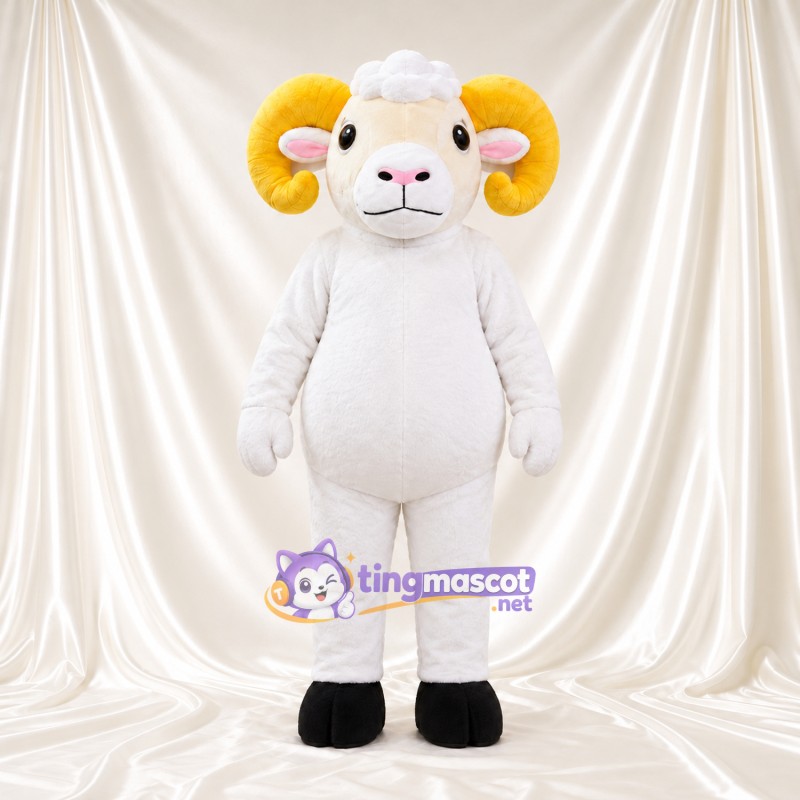 Costume de mascotte Bélier – blanc – Ventre rond; Cornes (jaune) Costume de mascotte Bélier – blanc – Ventre rond; Cornes (jaune)