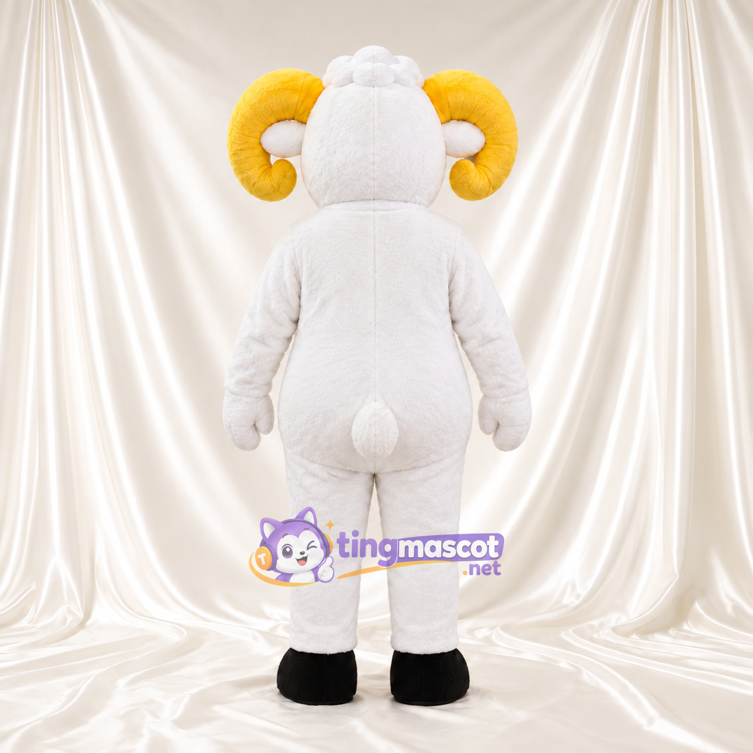 Costume de mascotte Bélier – blanc – Ventre rond; Cornes (jaune) Costume de mascotte Bélier – blanc – Ventre rond; Cornes (jaune)