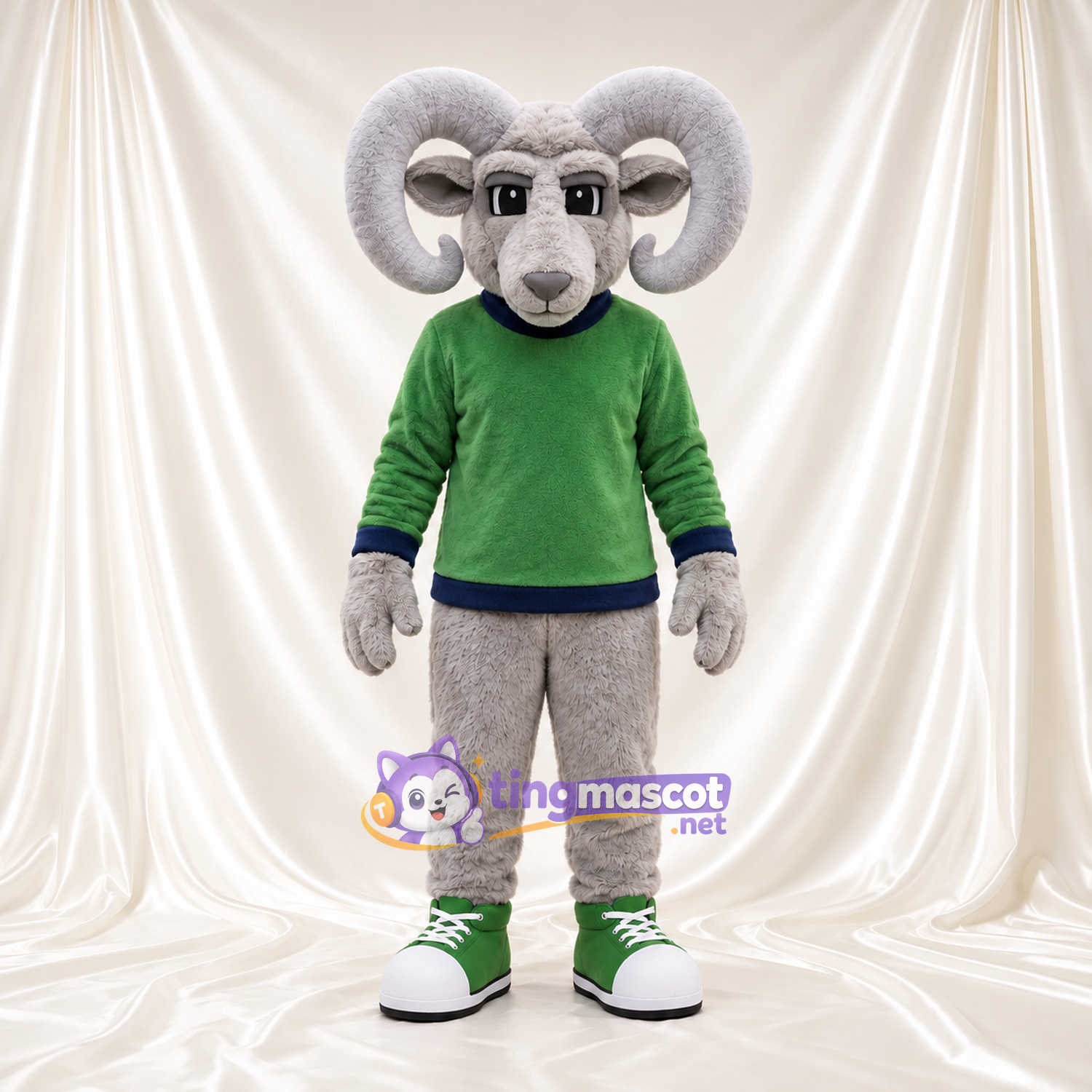 Costume de mascotte Bélier – gris – Pull (vert) Costume de mascotte Bélier – gris – Pull (vert)