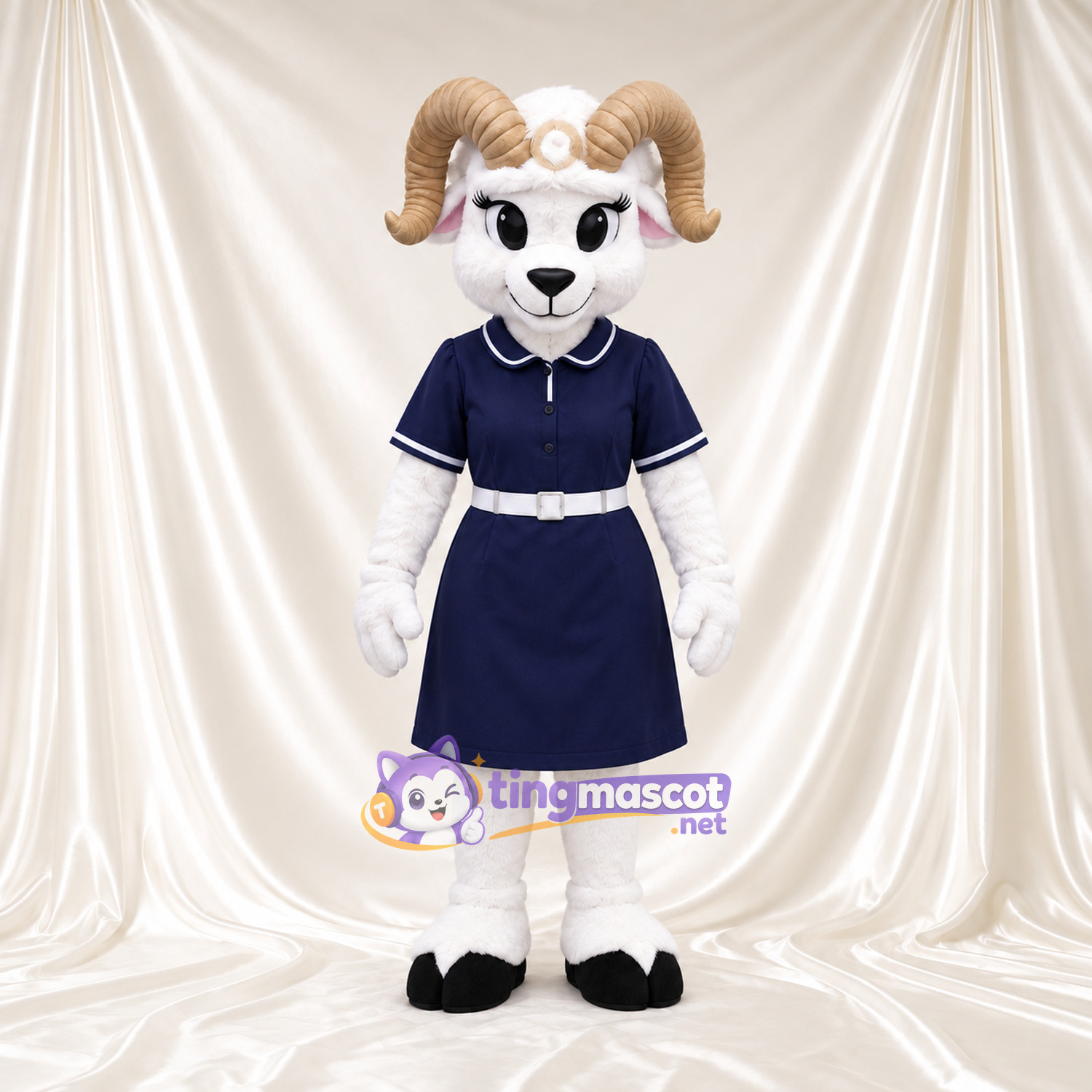 Costume de mascotte Bélier – blanc – Robe (bleu marine) Costume de mascotte Bélier – blanc – Robe (bleu marine)