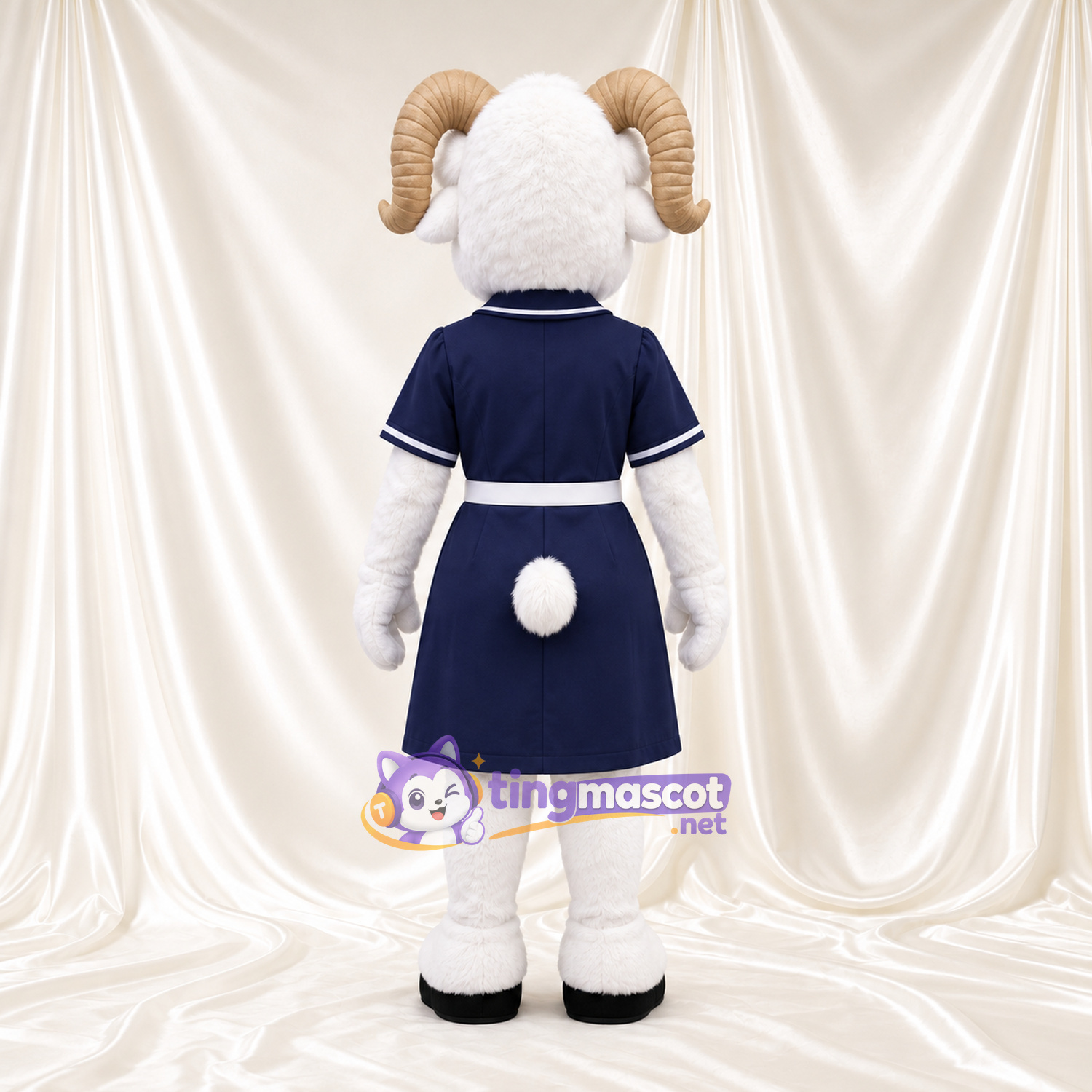 Costume de mascotte Bélier – blanc – Robe (bleu marine) Costume de mascotte Bélier – blanc – Robe (bleu marine)
