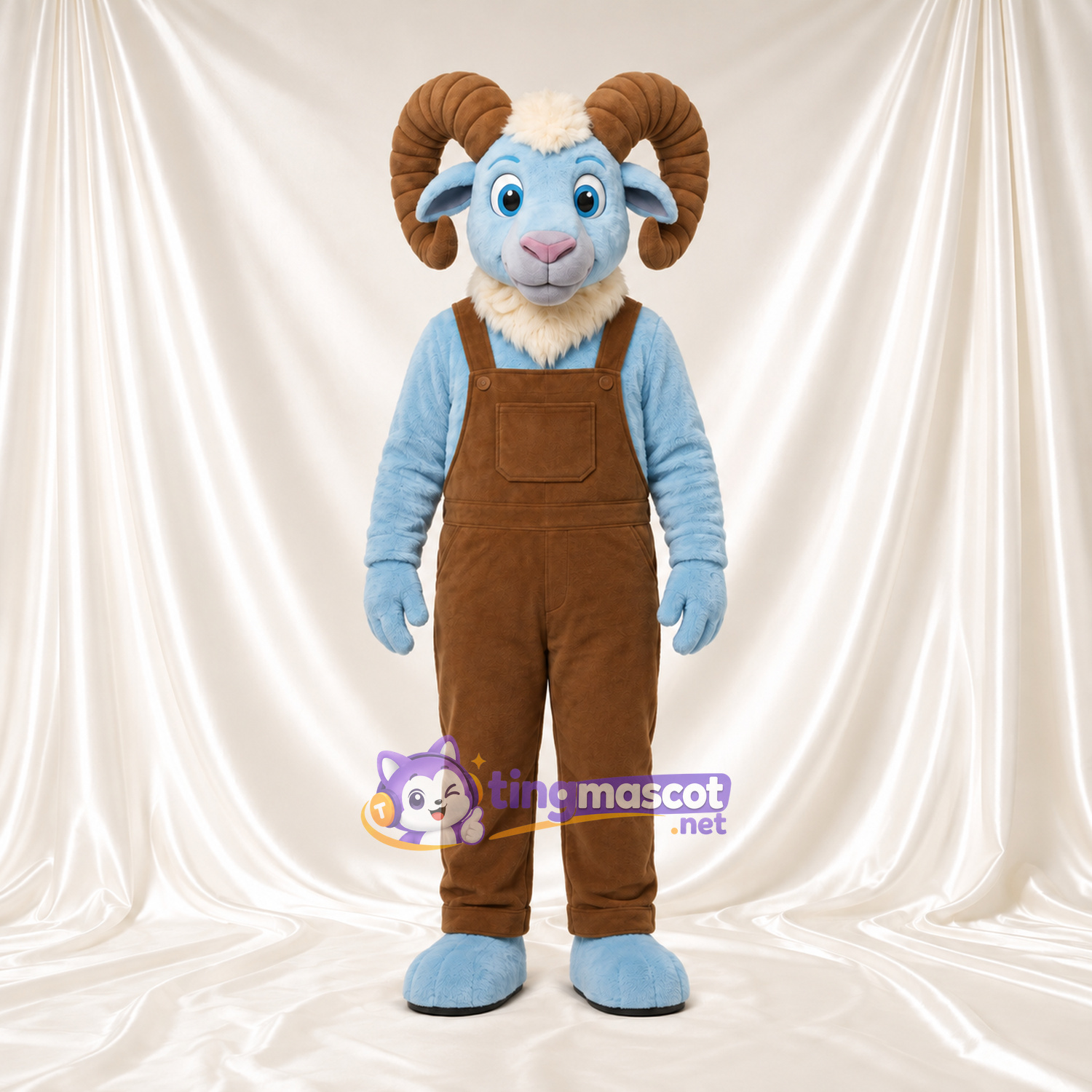 Maskottchenkostüm Widder – blau – Latzhose (braun) Maskottchenkostüm Widder – blau – Latzhose (braun)