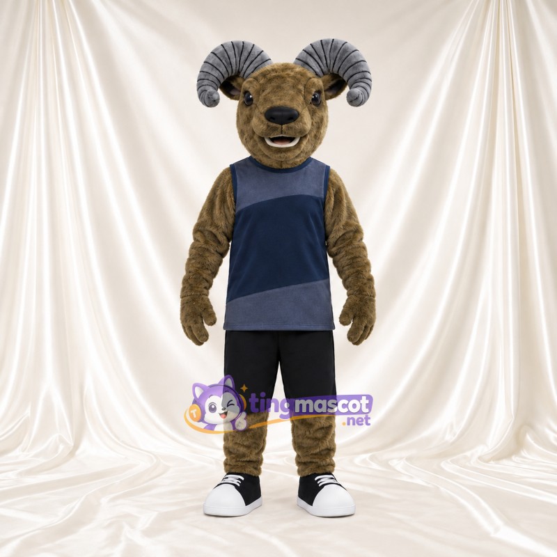 Costume de mascotte Bélier – brun clair – Chemise (bleu marine); Short (noir) Costume de mascotte Bélier – brun clair – Chemise (bleu marine); Short (noir)