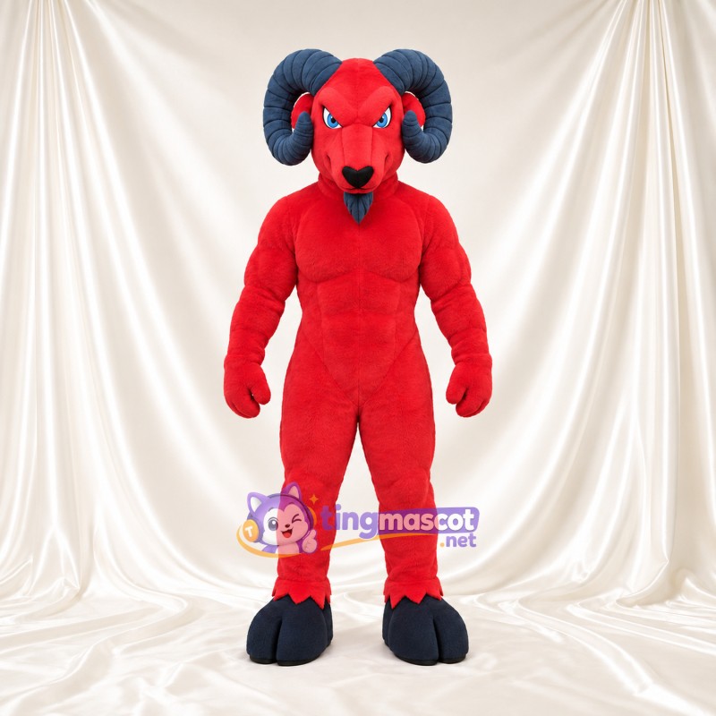 Costume de mascotte Bélier – rouge – Cornes (bleu marine); Sabots (bleu) Costume de mascotte Bélier – rouge – Cornes (bleu marine); Sabots (bleu)