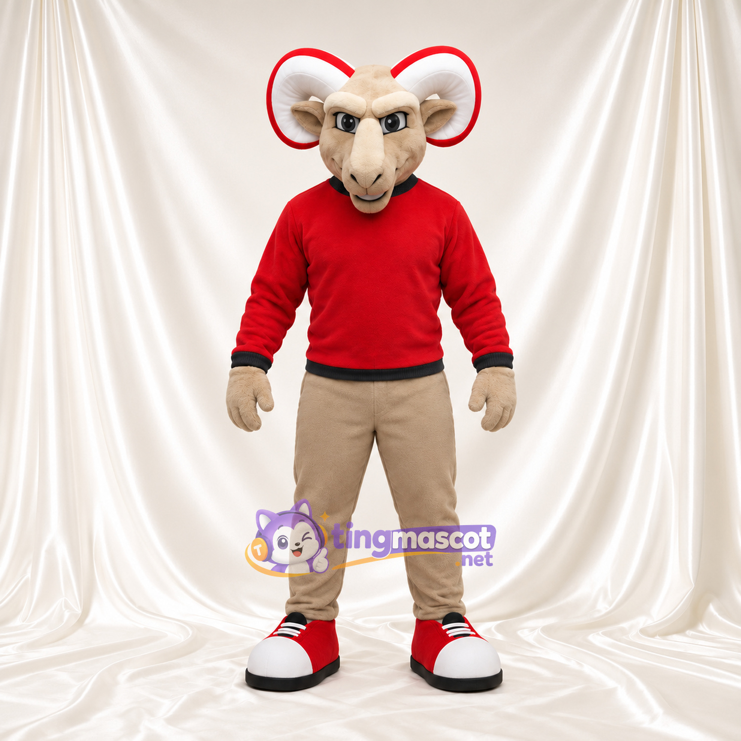 Costume de mascotte Bélier – brun clair – Pull (rouge); Pantalon (beige) Costume de mascotte Bélier – brun clair – Pull (rouge); Pantalon (beige)