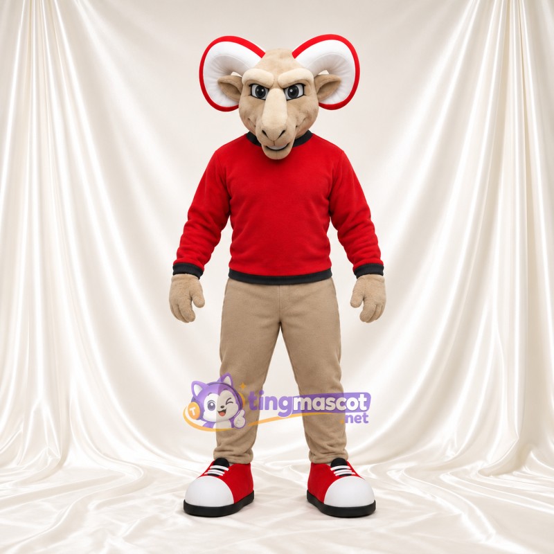 Costume de mascotte Bélier – brun clair – Pull (rouge); Pantalon (beige) Costume de mascotte Bélier – brun clair – Pull (rouge); Pantalon (beige)