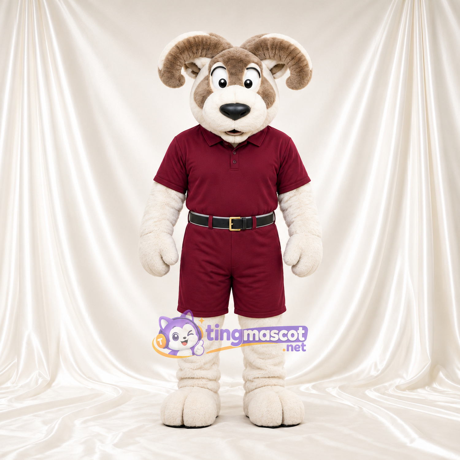 Costume de mascotte Bélier – blanc – Tenue de sport (bordeaux foncé) Costume de mascotte Bélier – blanc – Tenue de sport (bordeaux foncé)