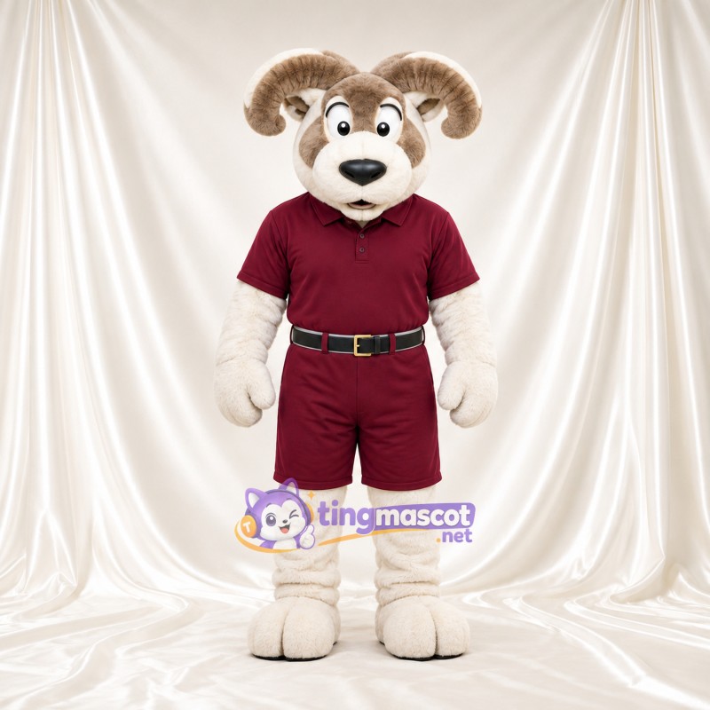 Costume de mascotte Bélier – blanc – Tenue de sport (bordeaux foncé) Costume de mascotte Bélier – blanc – Tenue de sport (bordeaux foncé)