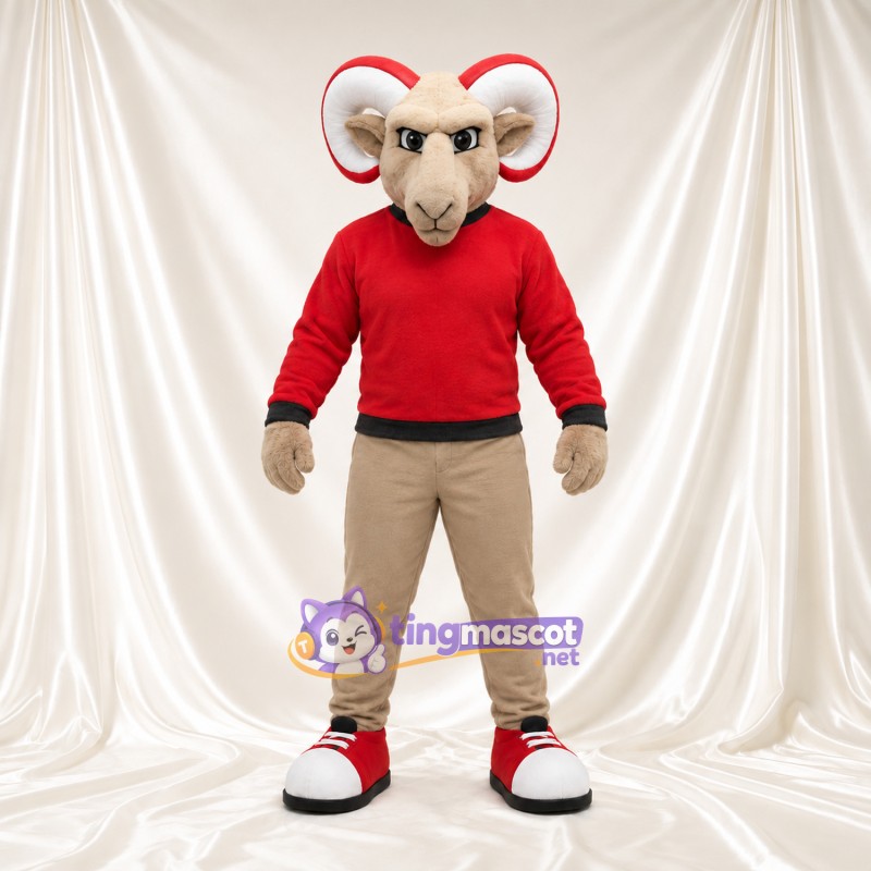Costume de mascotte Bélier – brun clair – Pull (rouge); Pantalon (beige) Costume de mascotte Bélier – brun clair – Pull (rouge); Pantalon (beige)