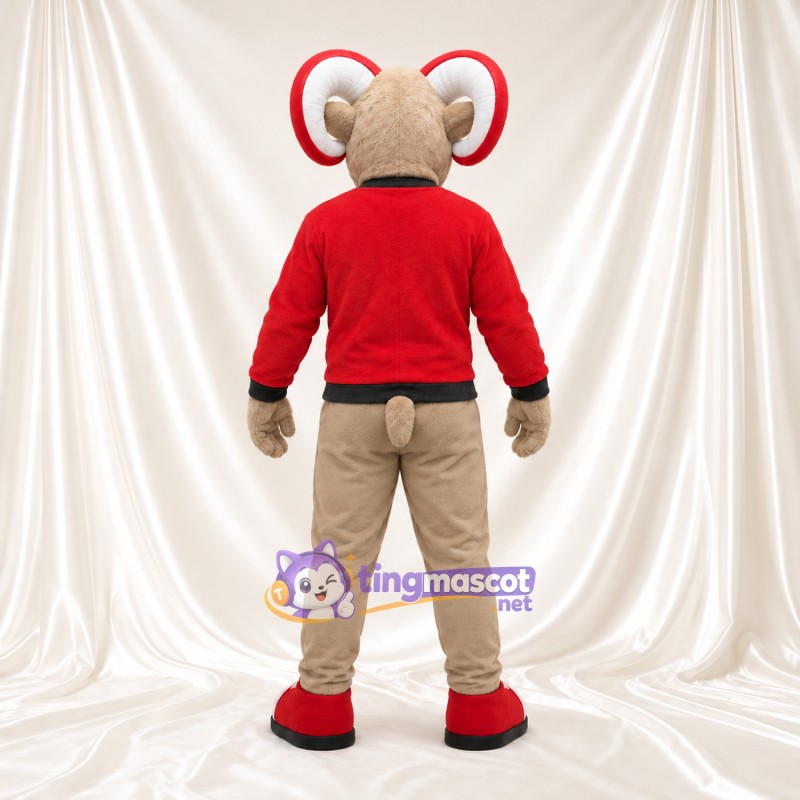 Costume de mascotte Bélier – brun clair – Pull (rouge); Pantalon (beige) Costume de mascotte Bélier – brun clair – Pull (rouge); Pantalon (beige)