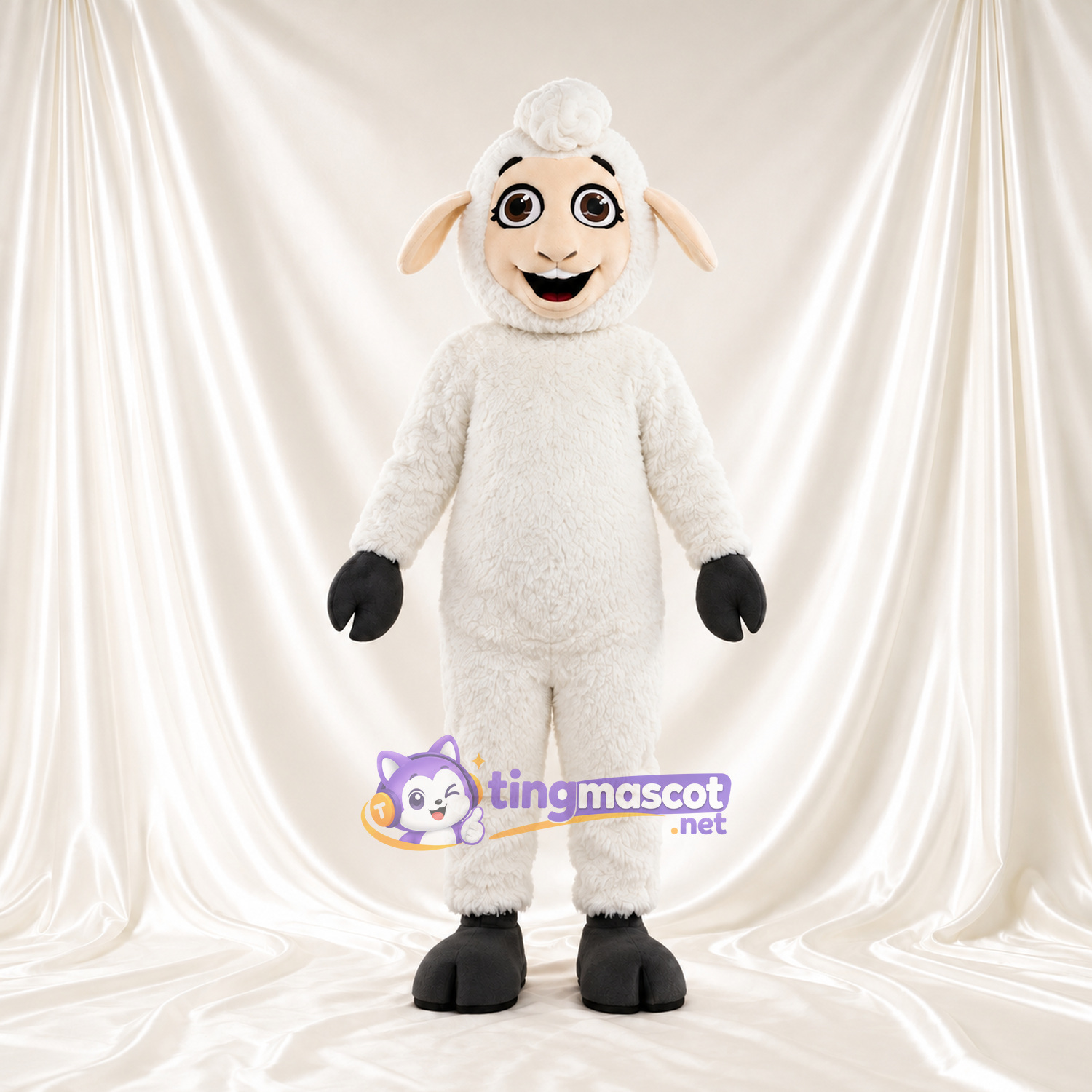 Costume de mascotte Mouton – blanc – Gants (noir); Visage (crème) Costume de mascotte Mouton – blanc – Gants (noir); Visage (crème)