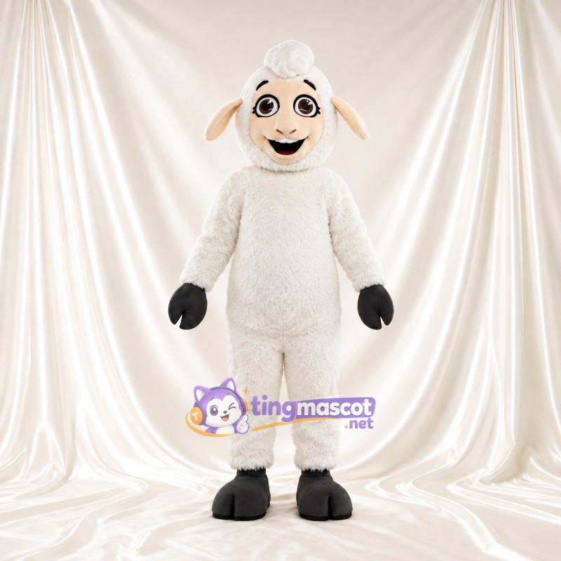 Costume de mascotte Mouton – blanc – Gants (noir); Visage (crème) Costume de mascotte Mouton – blanc – Gants (noir); Visage (crème)