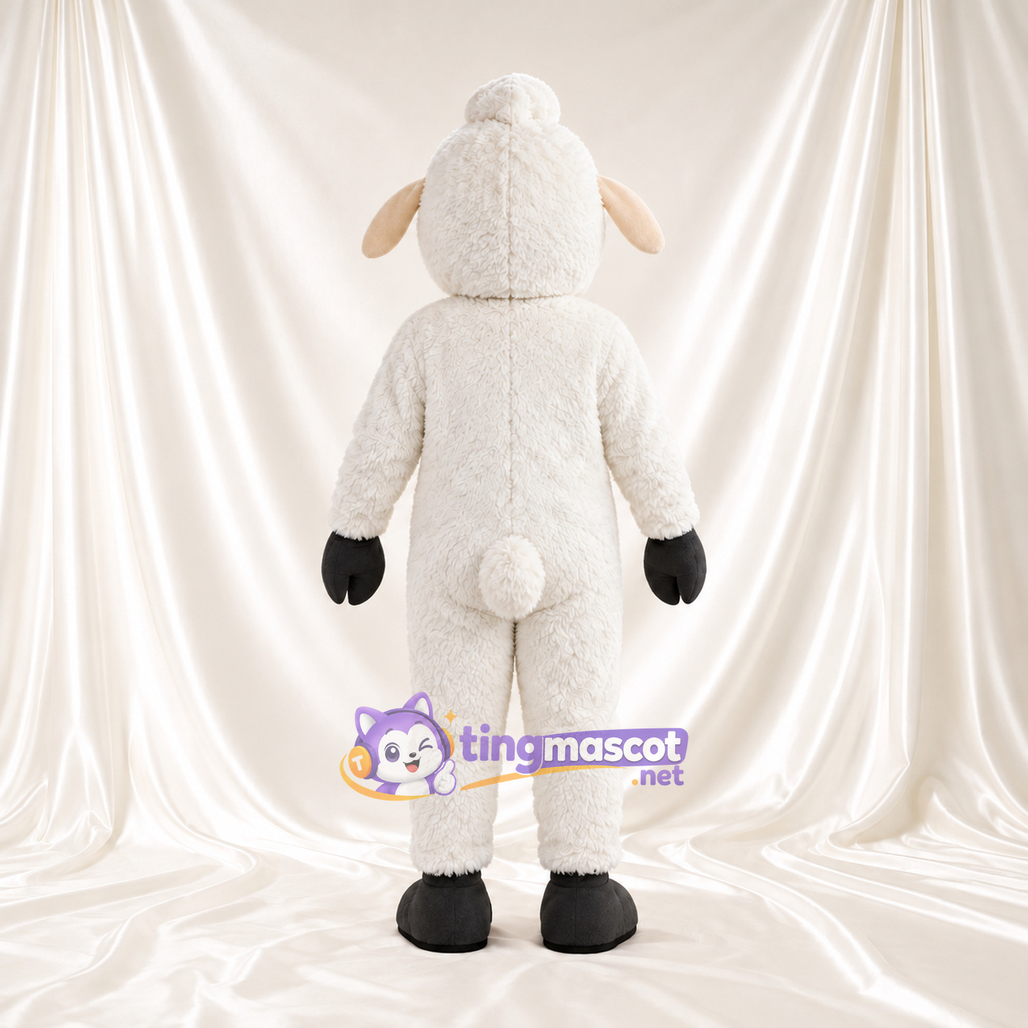Costume de mascotte Mouton – blanc – Gants (noir); Visage (crème) Costume de mascotte Mouton – blanc – Gants (noir); Visage (crème)