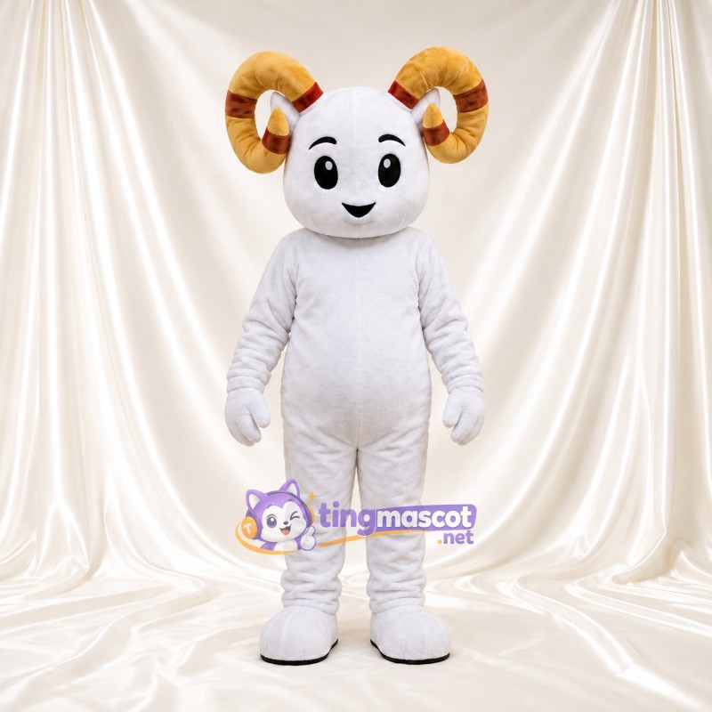 Costume de mascotte Bélier – blanc – Cornes (jaune); Gants (blanc) Costume de mascotte Bélier – blanc – Cornes (jaune); Gants (blanc)