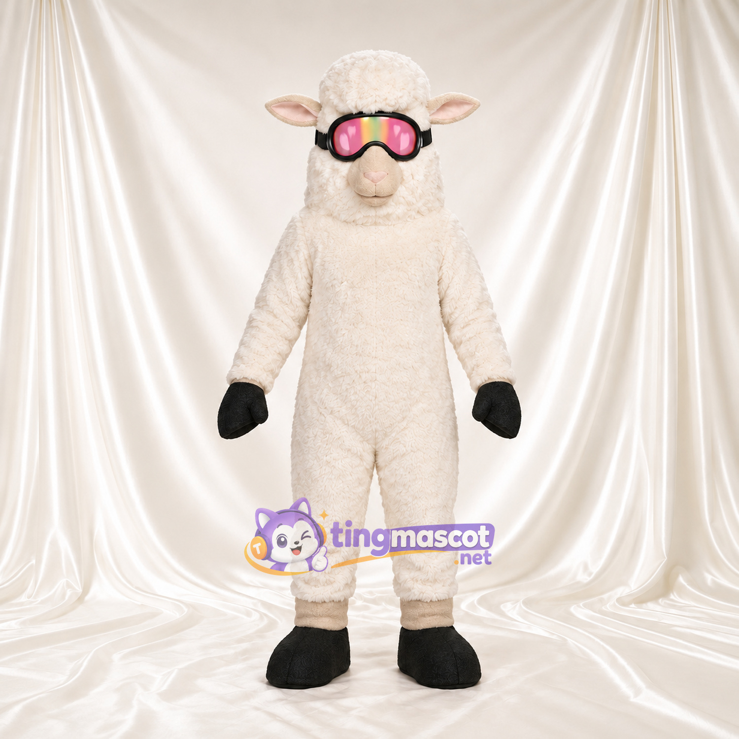 Costume de mascotte Mouton – crème – Lunettes de protection (rose) Costume de mascotte Mouton – crème – Lunettes de protection (rose)