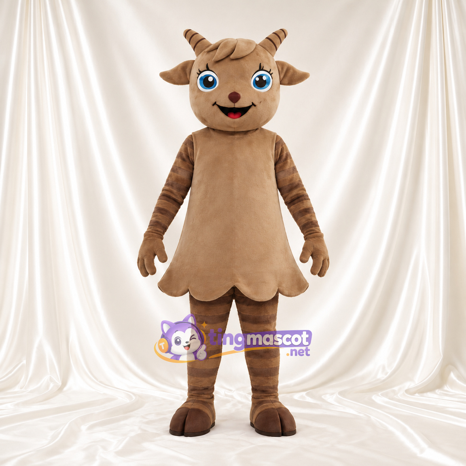 Brown Goat Mascot Costume - Short Antlers and Blue Eyes Brown Goat Mascot Costume - Short Antlers and Blue Eyes