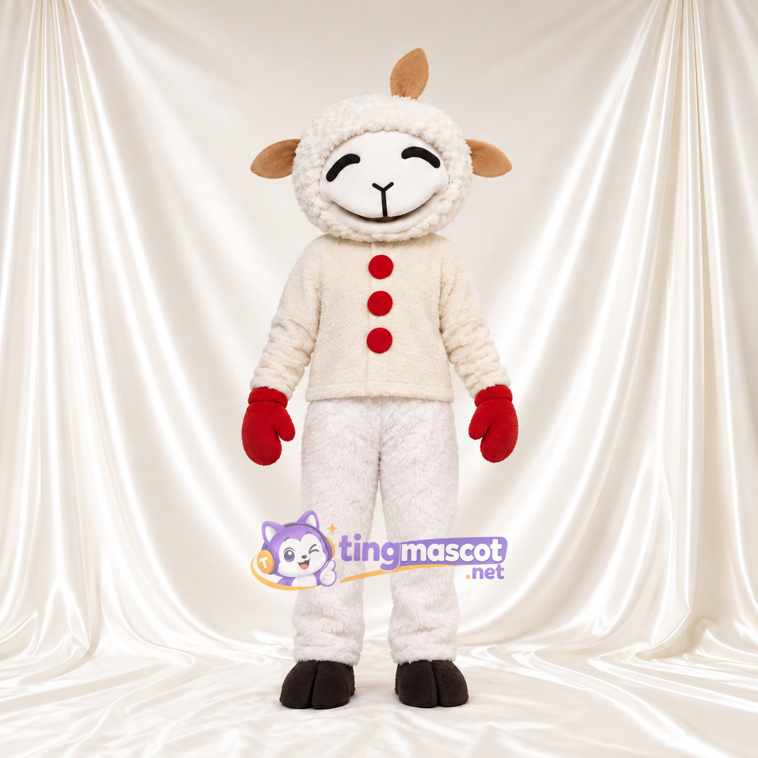 Costume de mascotte Mouton – blanc – Boutons (rouge); Moufles Costume de mascotte Mouton – blanc – Boutons (rouge); Moufles