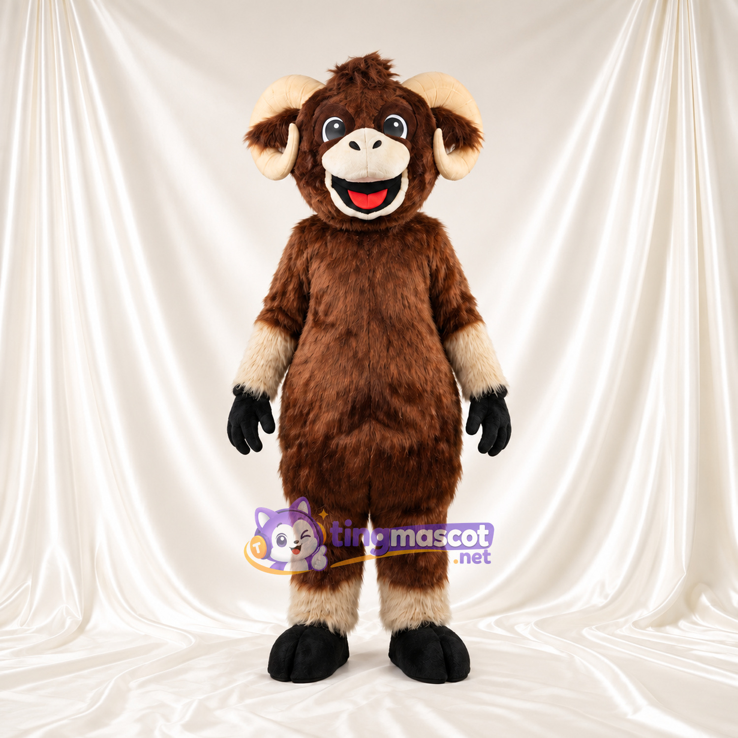 Brown Sheep Mascot Costume - Curled Cream Horns and Toothy Grin Brown Sheep Mascot Costume - Curled Cream Horns and Toothy Grin