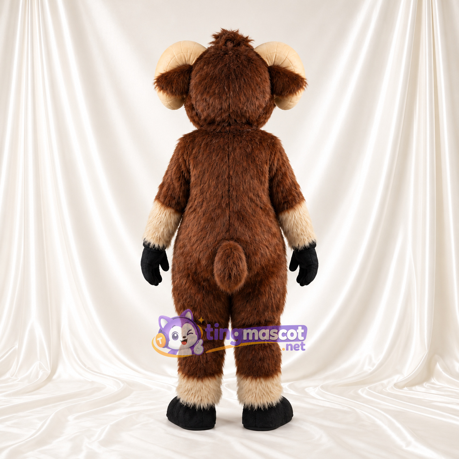Brown Sheep Mascot Costume - Curled Cream Horns and Toothy Grin Brown Sheep Mascot Costume - Curled Cream Horns and Toothy Grin
