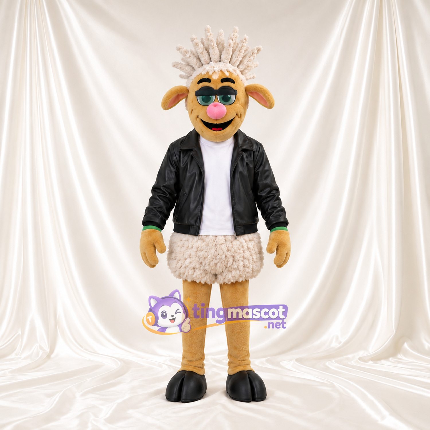 Brown Sheep Mascot Costume - Black Jacket and Spiked Hair Brown Sheep Mascot Costume - Black Jacket and Spiked Hair