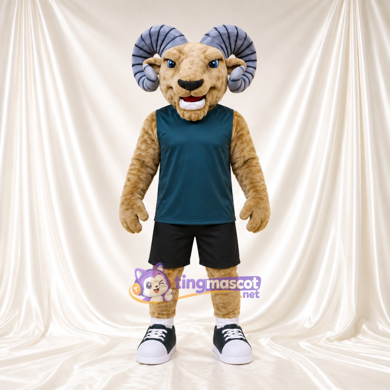 Costume de mascotte Bélier – brun clair – Chemise (bleu canard); Short (noir) Costume de mascotte Bélier – brun clair – Chemise (bleu canard); Short (noir)