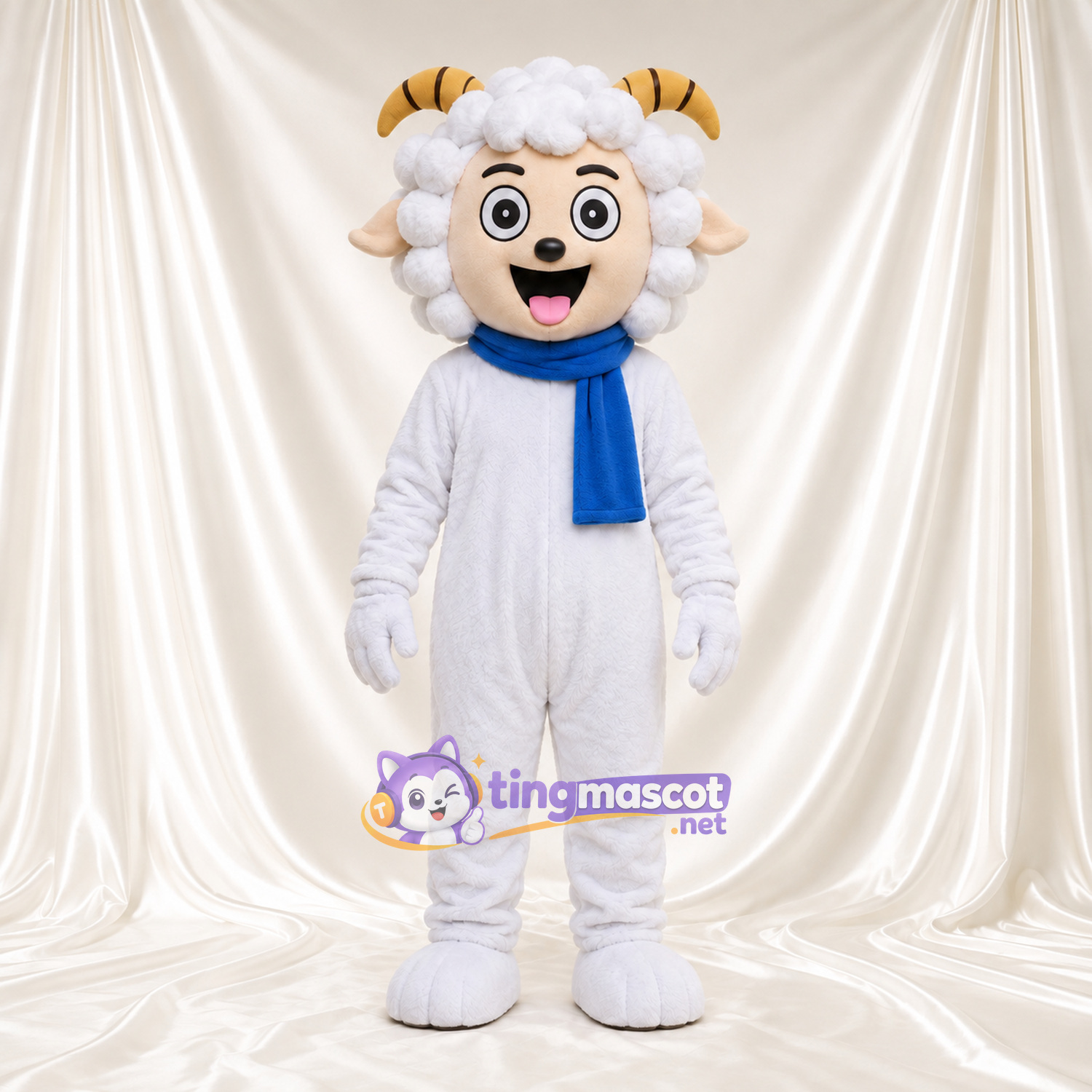 Costume de mascotte Mouton – blanc – Écharpe (bleu) Costume de mascotte Mouton – blanc – Écharpe (bleu)