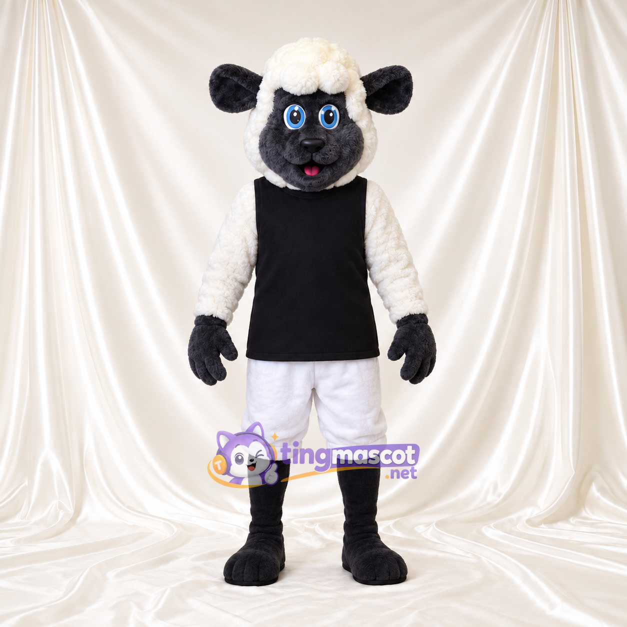 Black and White Sheep Mascot Costume - Black Shirt and White Shorts Black and White Sheep Mascot Costume - Black Shirt and White Shorts