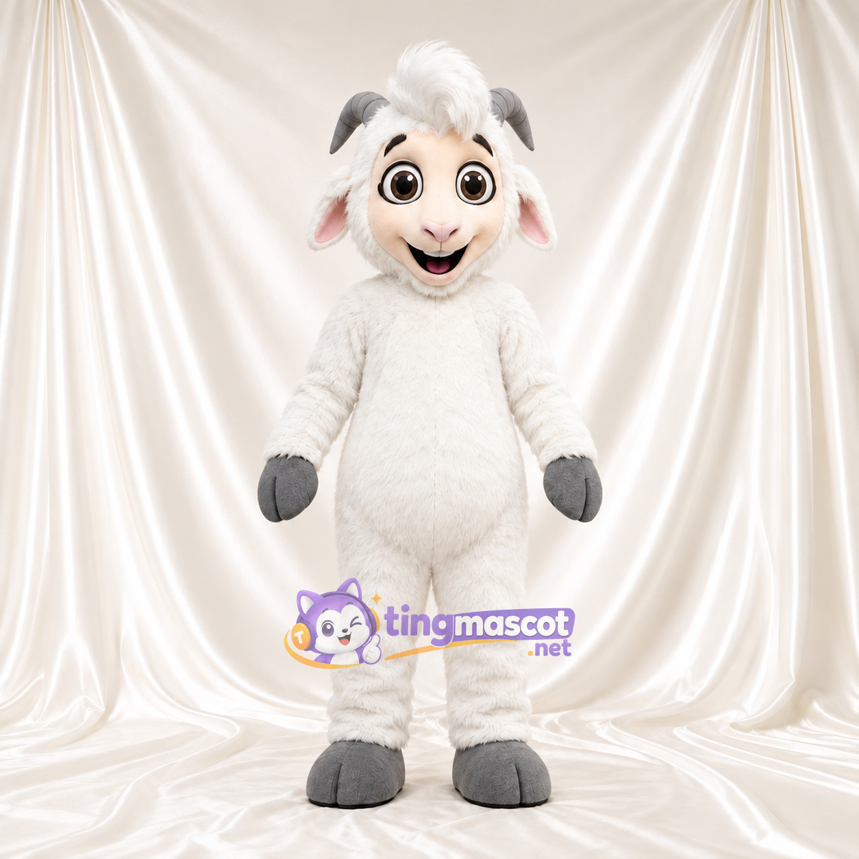 Costume de mascotte Mouton – blanc – Cornes (gris); Mains (gris) Costume de mascotte Mouton – blanc – Cornes (gris); Mains (gris)