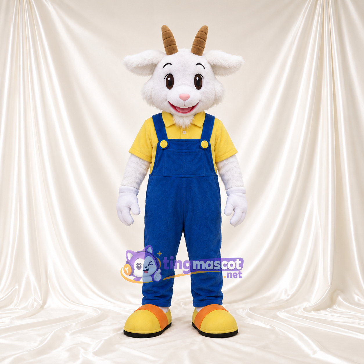 Costume de mascotte Chèvre – blanc – Salopette (bleu) Costume de mascotte Chèvre – blanc – Salopette (bleu)