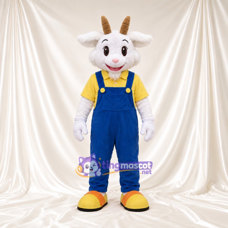 Costume de mascotte Chèvre – blanc – Salopette (bleu) Costume de mascotte Chèvre – blanc – Salopette (bleu)