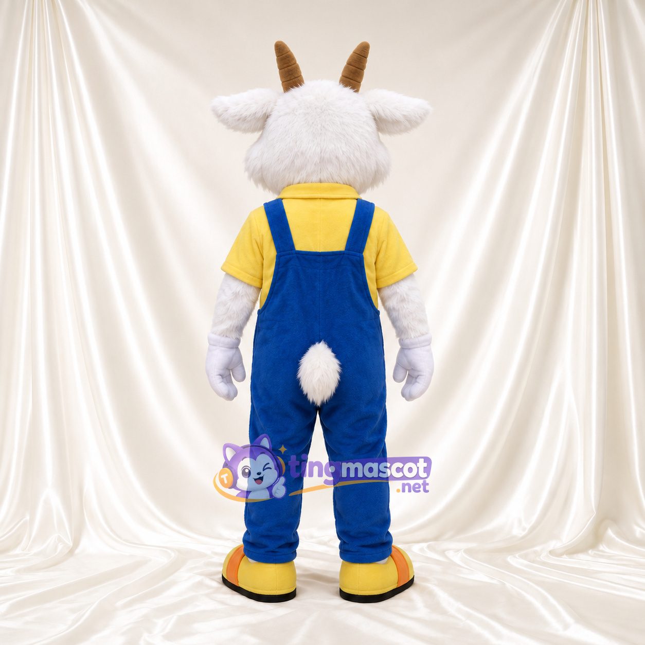 Costume de mascotte Chèvre – blanc – Salopette (bleu) Costume de mascotte Chèvre – blanc – Salopette (bleu)