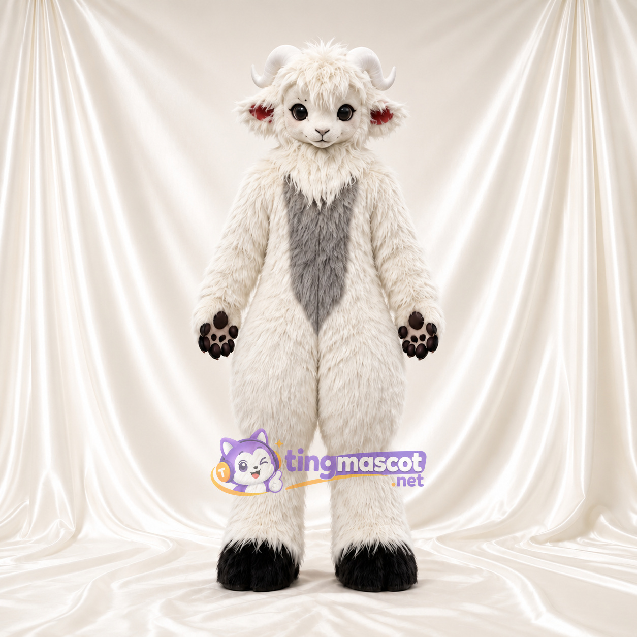 Costume de mascotte Monstre – blanc – Torse (gris); Cornes courbées Costume de mascotte Monstre – blanc – Torse (gris); Cornes courbées
