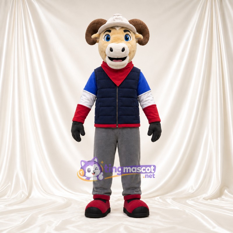 Costume de mascotte Bélier – brun clair – Gilet (bleu marine); Pantalon (gris) Costume de mascotte Bélier – brun clair – Gilet (bleu marine); Pantalon (gris)