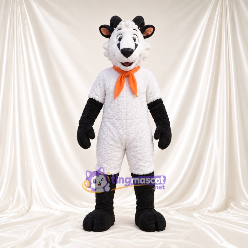 Black and White Sheep Mascot Costume - Orange Scarf Black and White Sheep Mascot Costume - Orange Scarf