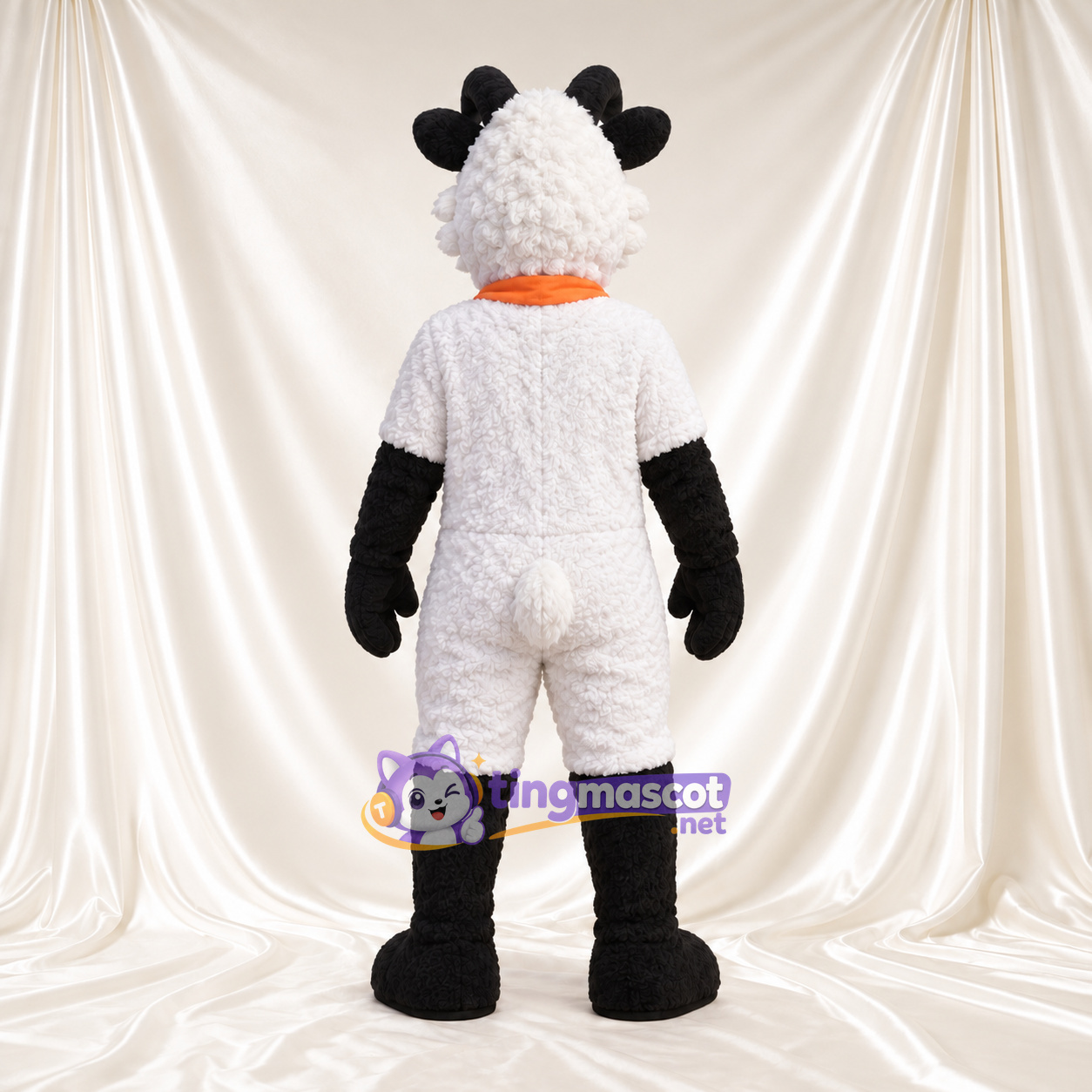 Black and White Sheep Mascot Costume - Orange Scarf Black and White Sheep Mascot Costume - Orange Scarf