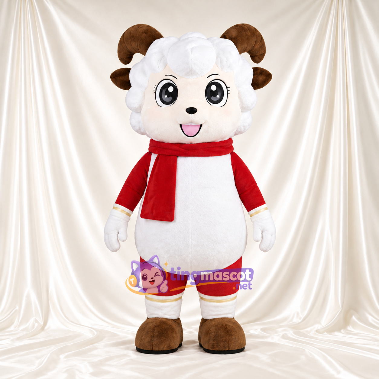 Costume de mascotte Bélier – blanc – Écharpe (rouge); Chemise Costume de mascotte Bélier – blanc – Écharpe (rouge); Chemise