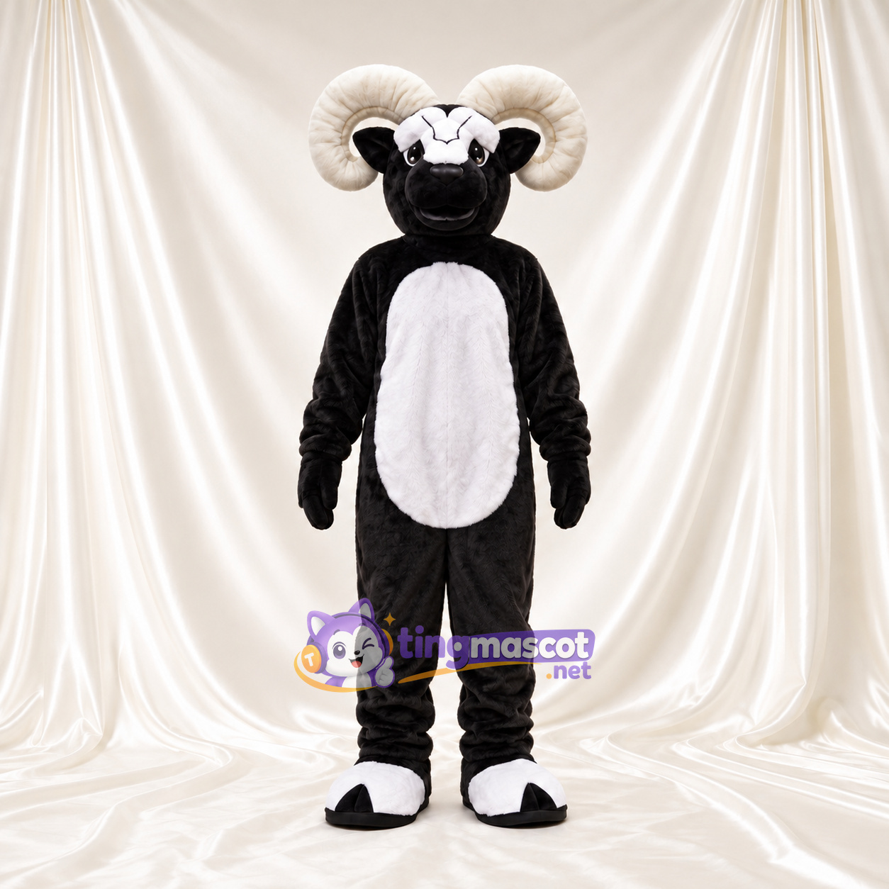 Black and White Ram Mascot Costume - White Belly and Curled White Horns Black and White Ram Mascot Costume - White Belly and Curled White Horns